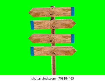 wooden signpost in the meadow with copyspace isolated cutout on green background with chroma key