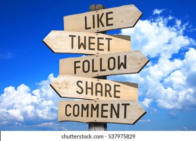 Wooden signpost - social media concept (like, tweet, follow, share, comment) - great for topics like communication etc.