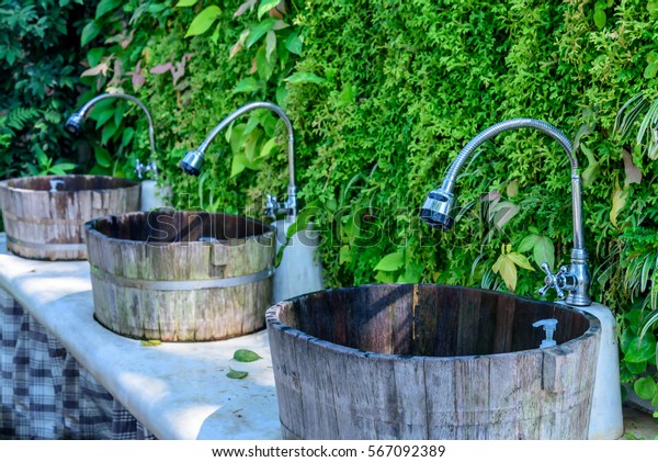Wooden Sinks Faucet Japanese Style Vertical Stock Photo