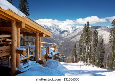 Wooden Ski Chalet In Snow, Mountain View