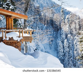 Wooden Ski Chalet In Snow, Mountain View