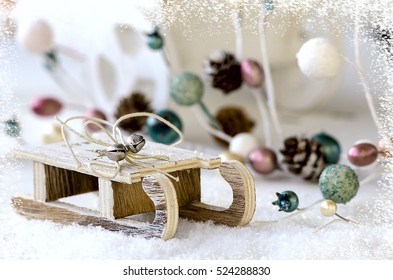 Wooden Sled With Snow, Christmas Garland And Cart