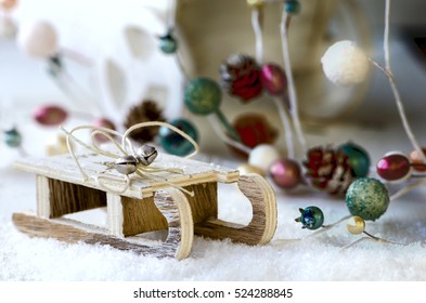 Wooden Sled With Snow, Christmas Garland And Cart