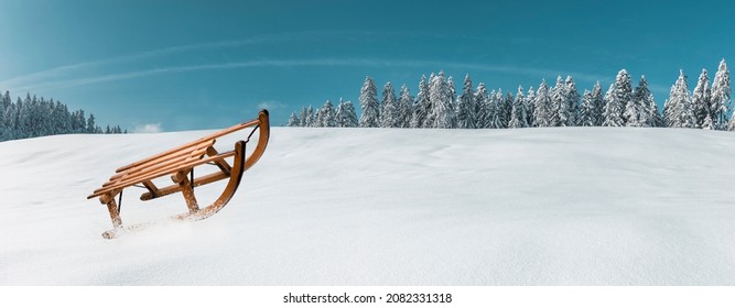 Wooden Sledge In A Snowy Winter Landscape