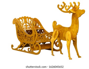 Wooden Sleigh Deer On A White Background