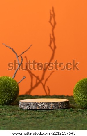 Wooden slice podium with grass balls on green moss on an orange background with shadows of tree branches. Premium empty scene for product promotion, beauty, natural cosmetic. Showcase, display case.