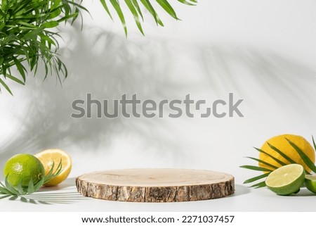 Wooden slice podium on white background with palm leaves, lemon and lime slices. Modern product display for advertising and presentation of refreshing summer drinks, natural cosmetics
