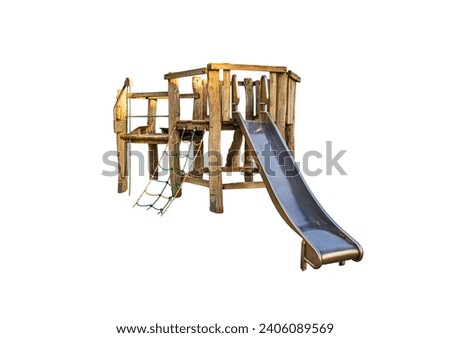 wooden slide on a white background, playground, children's slide made from environmental materials