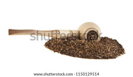 wooden smoking pipe and tobacco isolated on white background. As an element of packaging design.