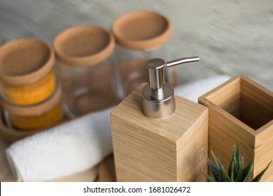 Wooden soap dish and bath accessories - Shutterstock ID 1681026472