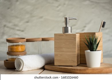 Wooden soap dish and toothbrush. Bath accessories. Wooden dispenser soap. - Shutterstock ID 1681026460