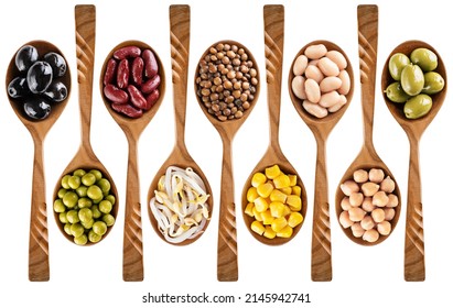 Wooden Spoon With Canned Mungo Bean Sprouts, Lentils, Chickpeas, Corn, Olives, Beans, Peas Isolated On White Background. Collection With Clipping Path.