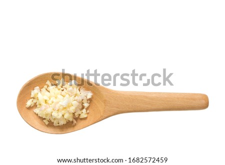 Wooden spoon of Chopped garlic with white background.
Minced garlic in Wooden spoon.
top view.