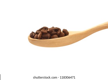 Wooden Spoon With Coffee Beans Side View Isolated