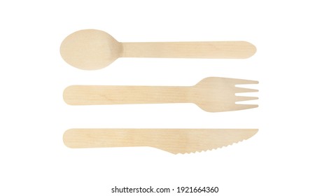 Wooden spoon, fork and knife isolated on white background with clipping path. - Powered by Shutterstock