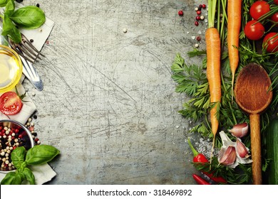 Wooden spoon and ingredients on old background. Vegetarian food, health or cooking concept. - Shutterstock ID 318469892