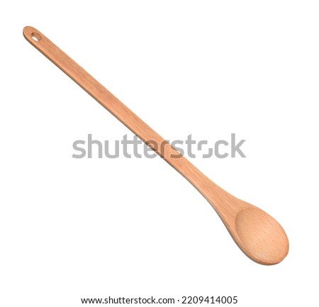 Wooden spoon with long handle isolated on white background. Clean new tasting spoon kitchen utensil.
