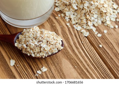 Wooden Spoon With Oatmeal, Oat Milk Production