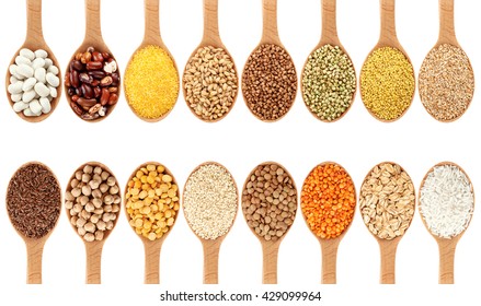 Wooden Spoon With Porridge, Cereals, Lentils, Peas And Beans Isolated On White Background. Collection.