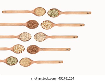 Wooden Spoon With Porridge, Cereals, Lentils, Peas And Beans Isolated On White Background. Collection.