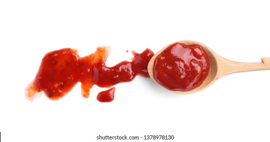 Wooden Spoon And Red Sauce On White Background, Top View