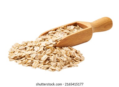 wooden spoon or scoop with raw oatmeal flakes seen isolated on white background. oatmeal granola in a wooden spoon . - Shutterstock ID 2165415177