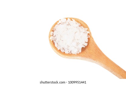 Wooden Spoon With Sea Salt Isolated On White Background