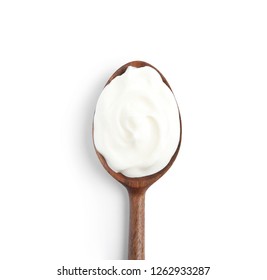 Wooden Spoon With Sour Cream On White Background, Top View