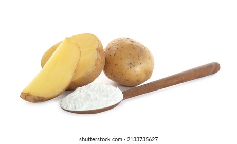 Wooden spoon with starch and fresh potatoes on white background
