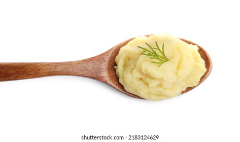 Wooden spoon of tasty mashed potatoes with dill isolated on white, top view