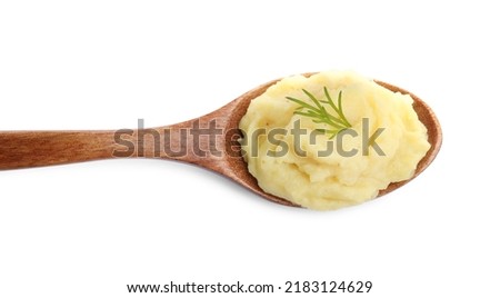 Wooden spoon of tasty mashed potatoes with dill isolated on white, top view