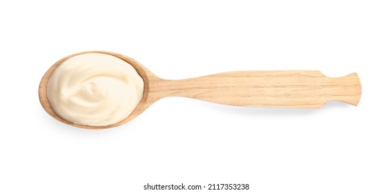 Wooden Spoon With Tasty Mayonnaise Isolated On White, Top View