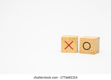 Wooden Square Block With O And X Character Symbol Isolated On White Background For Design Concept