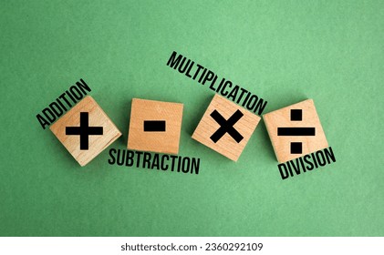 wooden squares with plus, minus, multiplication and division symbols. Four Basic Mathematical Operations. Addition, Subtraction, multiplication, division.