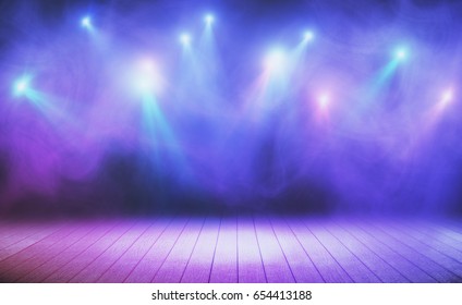 Wooden stage with blue smoke and spot lights. Presentation concept - Shutterstock ID 654413188