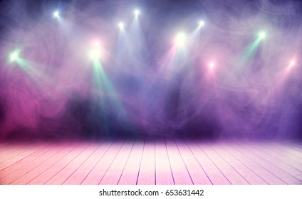 Wooden Stage With Pink Smoke And Spot Lights. Performance Concept