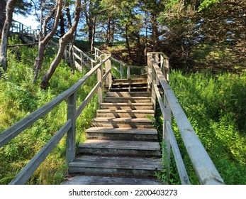 A Wooden Staircase Extending Far Up A Grass Hillside On A Sunny Day.