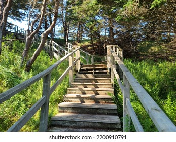 A Wooden Staircase Extending Far Up A Grass Hillside On A Sunny Day.