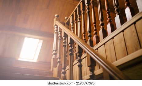 Wooden Stairs Close Up. Cottage Interior.