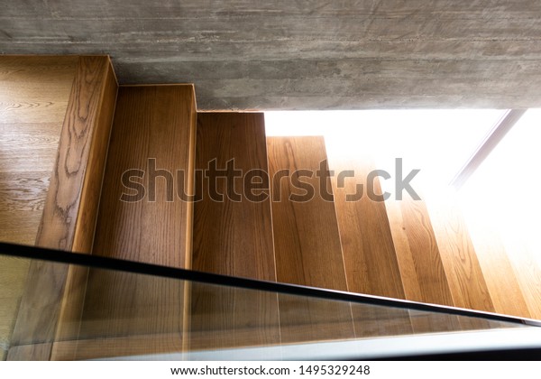 Wooden Stairs Glass Balustrade Modern Interior Stock Photo