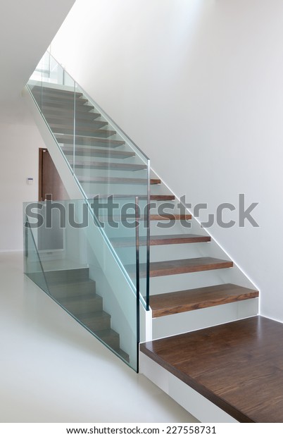 Wooden Stairs Glass Balustrade Modern Interior Stock Photo