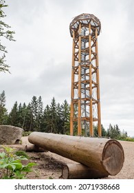 Wooden and steel  lookout tower called Svetly Vrch. Hiking at Albrechtice in Jizerske mountains, Czechia. Original watch tower overlooks summer cloudy countryside, active life - Shutterstock ID 2071938668