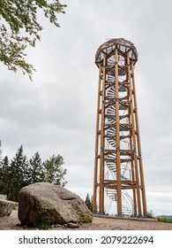 Wooden and steel  lookout tower called Svetly Vrch. Hiking at Albrechtice in Jizerske mountains, Czechia. Original watch tower overlooks summer cloudy countryside, active life - Shutterstock ID 2079222694