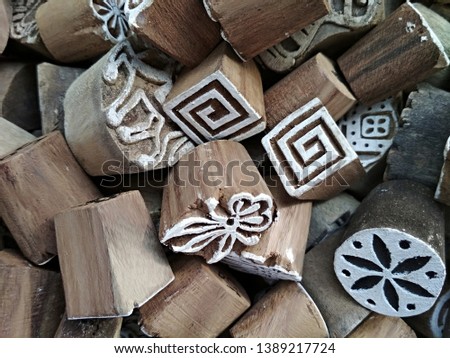 Wooden stemps with a pattern. Set for drawing on fabrics.