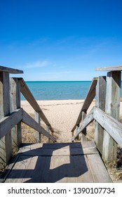 Wooden Steps Path Leading Down To Beach On Old Mission Peninsula In Traverse City Michigan On Lake Michigan