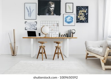 Wooden Stools Desk Computer Against Wall Stock Photo 1009650592 ...