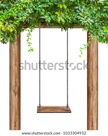 Wooden swing hanging on wooden pillar and isolated on white background with clipping path