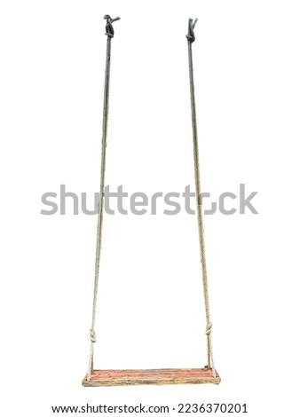 Wooden swing with hemp rope isolate on white background, Object in the park.