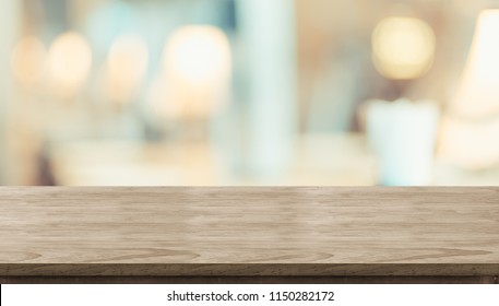 Wooden Table Background Of Blur Dinner Kitchent Restaurant With Bokeh Lights.Banner Mock Up For Product Display Template.Food Business Presentation.panoramic Desktop Backdrop