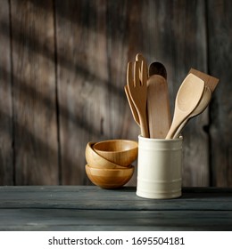 Wooden table background in kitchen and free space for your decoration.Sunny warm day and copy space for your composition.  - Shutterstock ID 1695504181